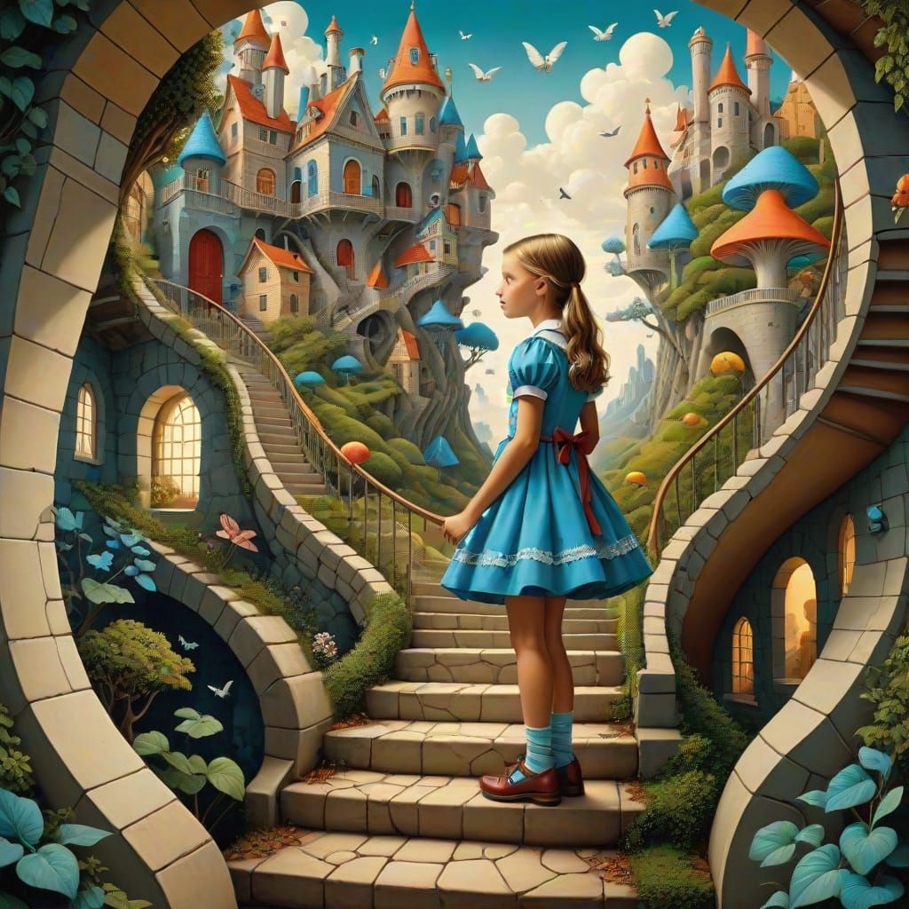 Surreal Girl Enters Fantastical World with Impossible Archit...