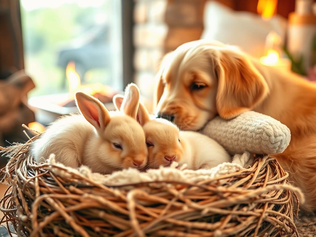 Fluffy Baby Bunnies Sleeping Near Fireplace with Gold Retrie...