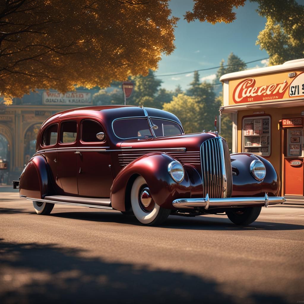 Art Deco Super Car at Retro Gas Station