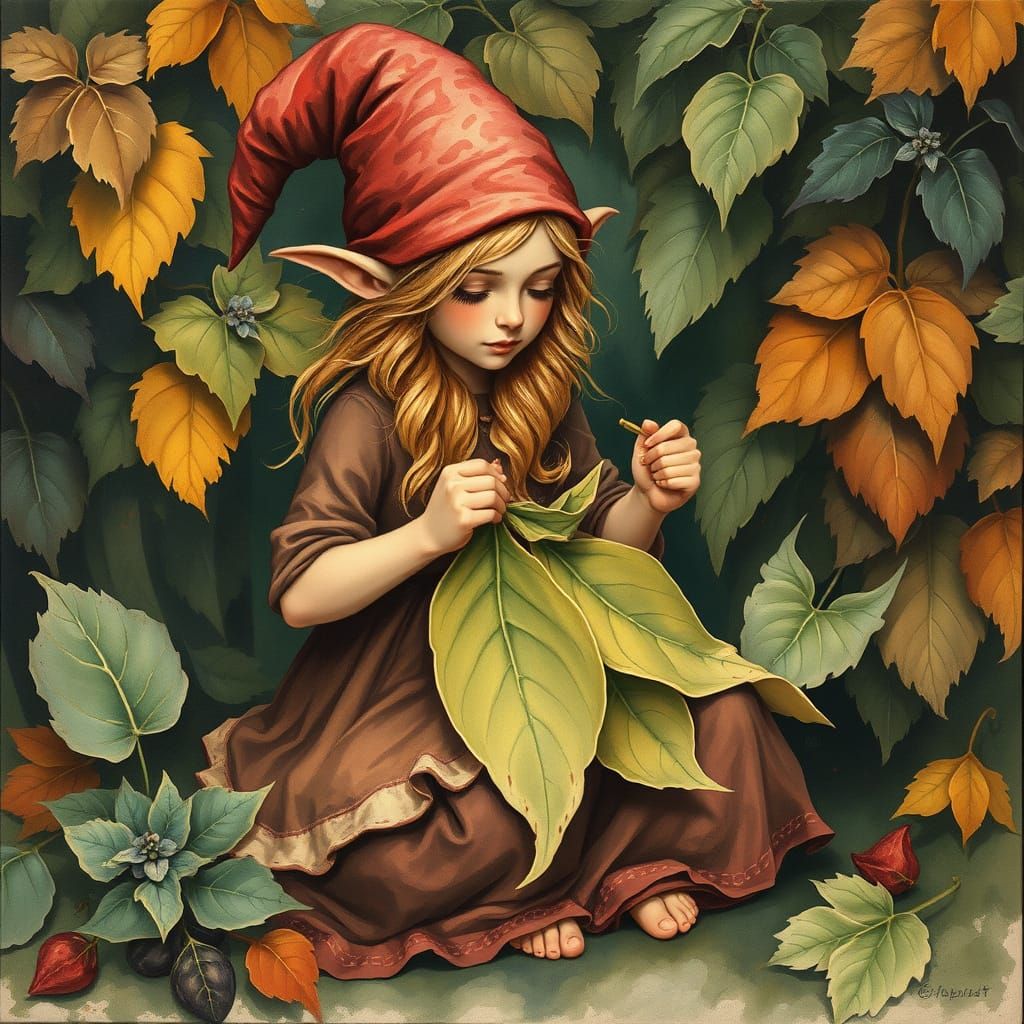 Gnome Creates Leaf Dress in Gouache Style