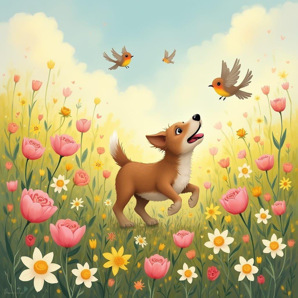 Dog in Floral Meadow: Impressionistic Art Style