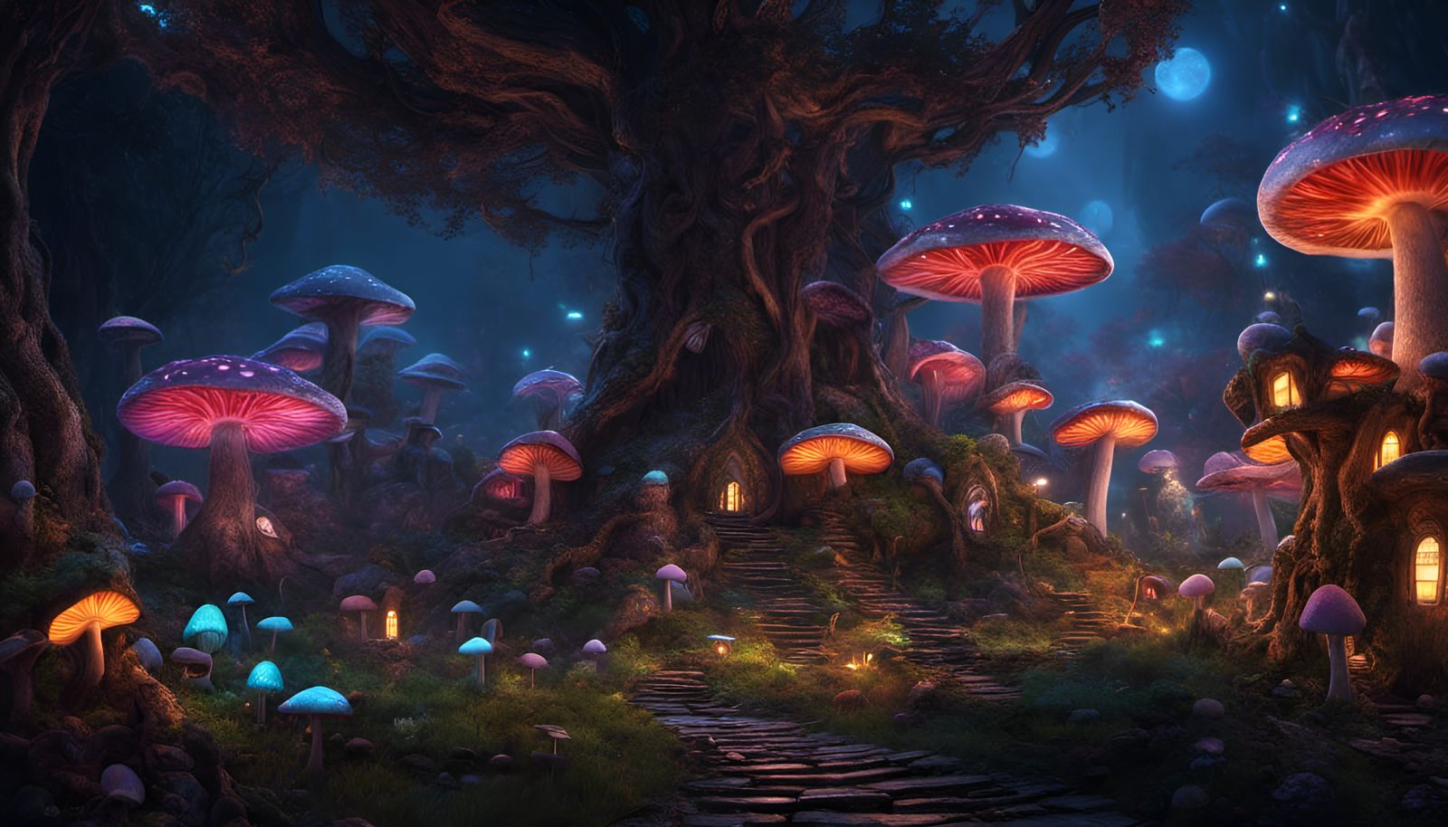 Mystical Mushroom City in Dark Fantasy Landscape