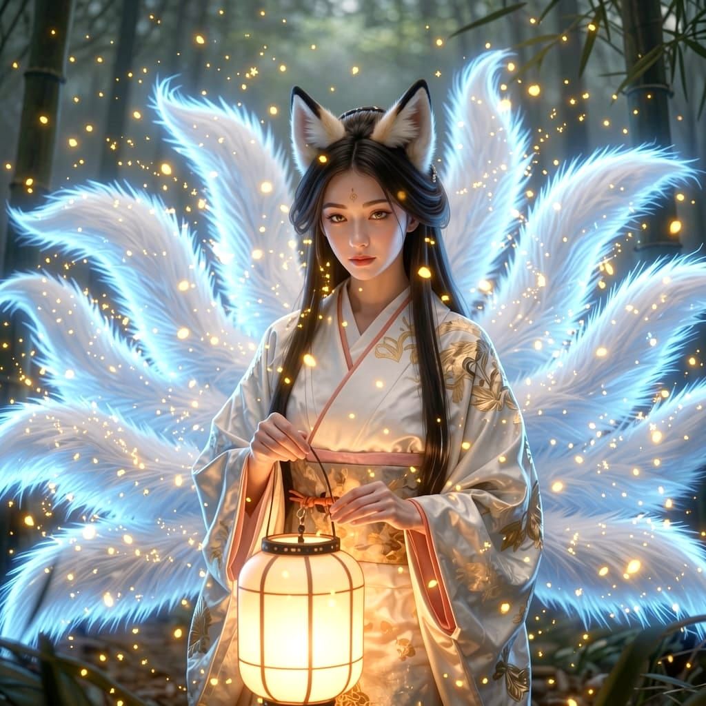 Japanese Priestess with Fox Spirit Tails and Lantern
