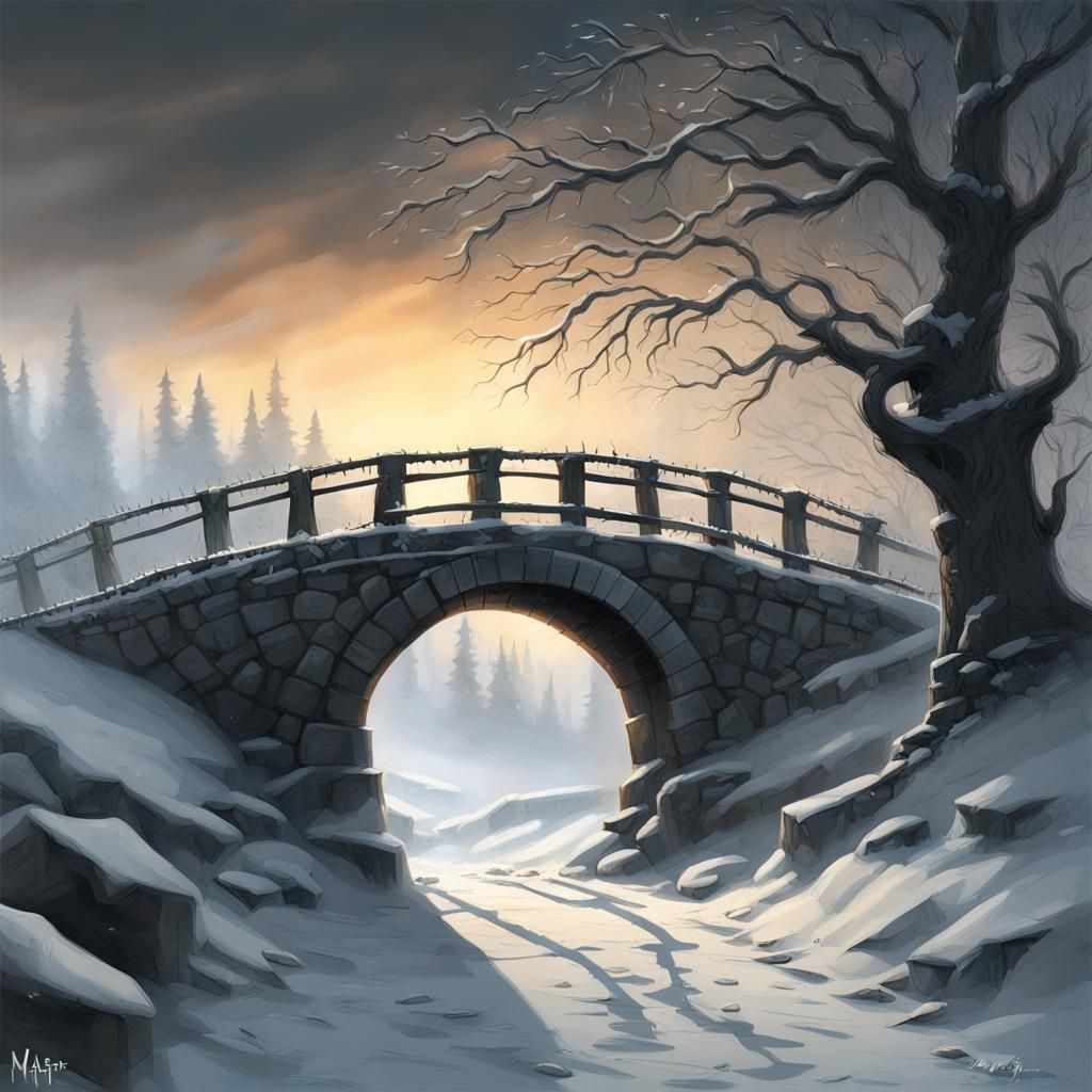 Snowy Bridge of Death in Winter Evening Scene