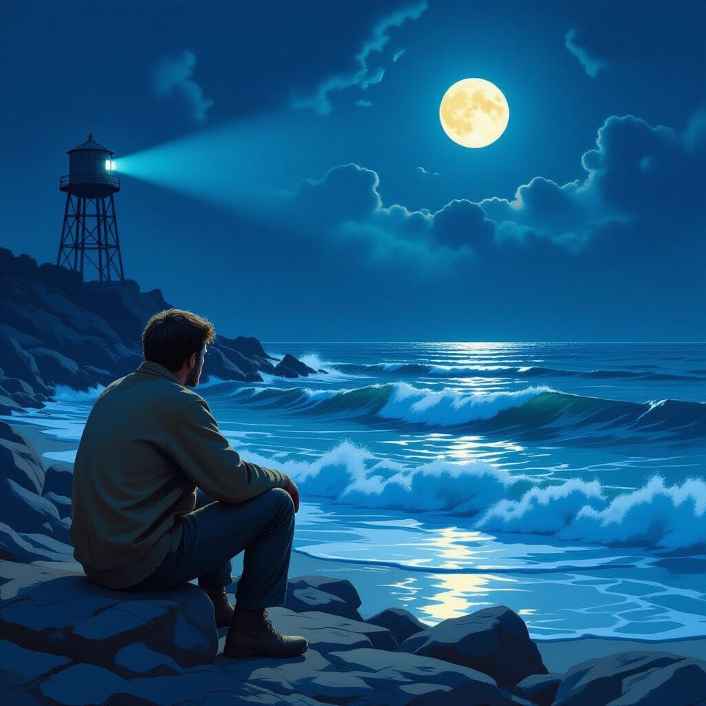 Contemplative Coastline Under Moonlight