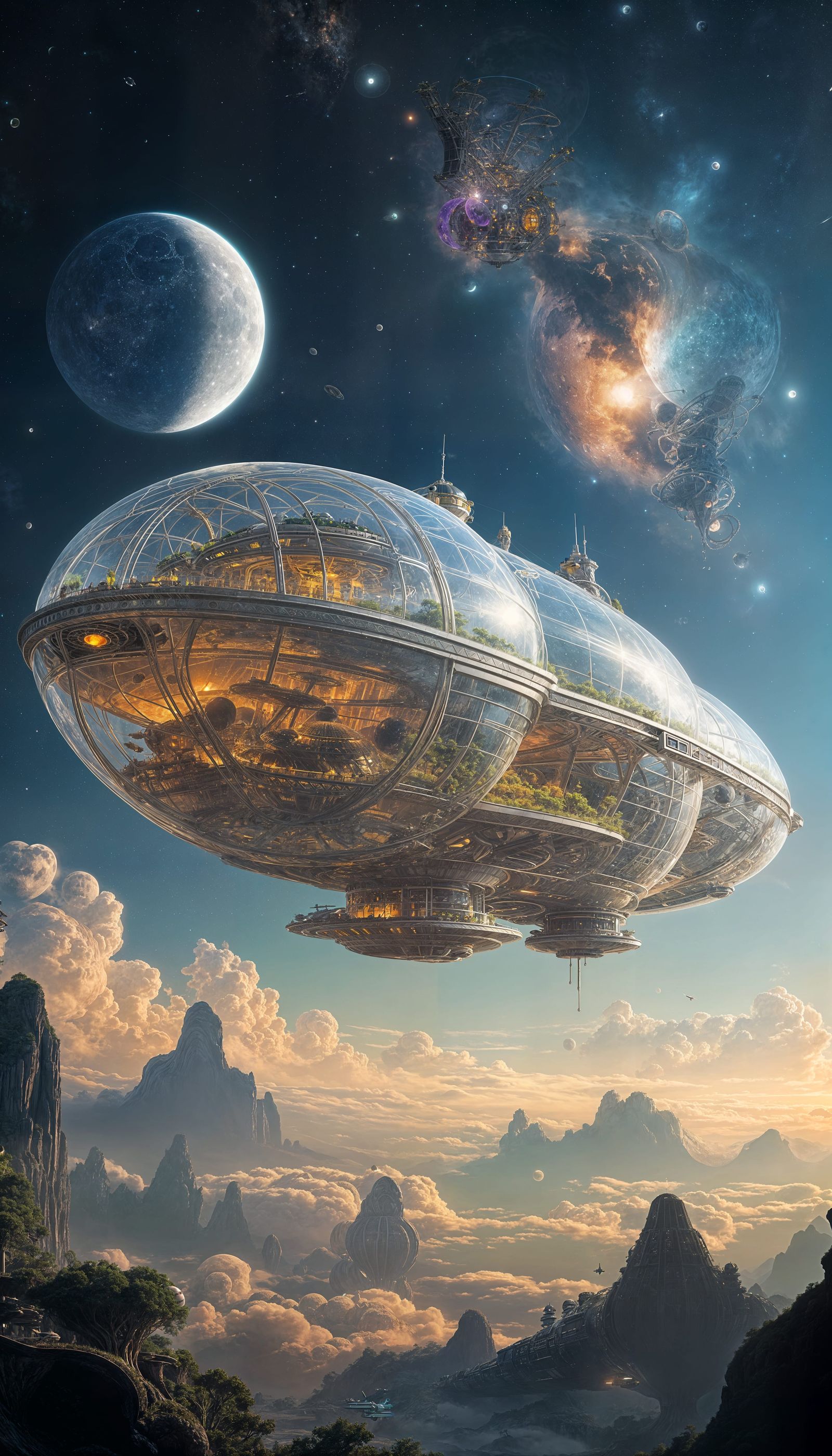 A moon-sized modular transparent curvaceous solarpunk serpentine undulating interlocking futuristic ecosystem spacecraft...