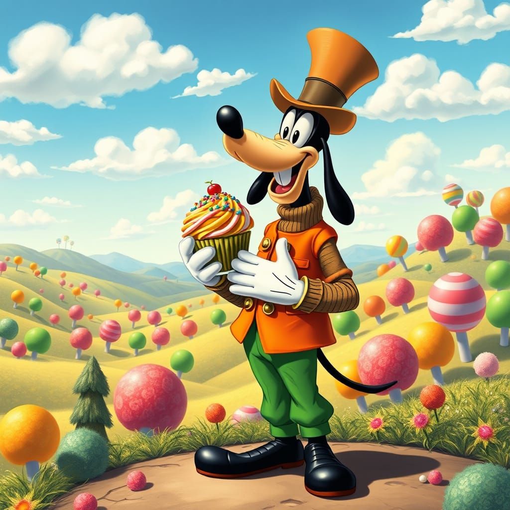 Goofy in Candyland: A Whimsical Gouache Painting