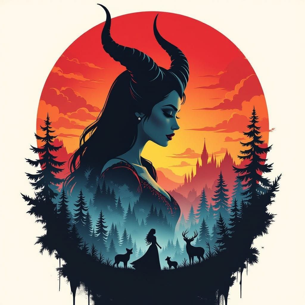Maleficent Silhouette Double Exposure with Fantasy Forest