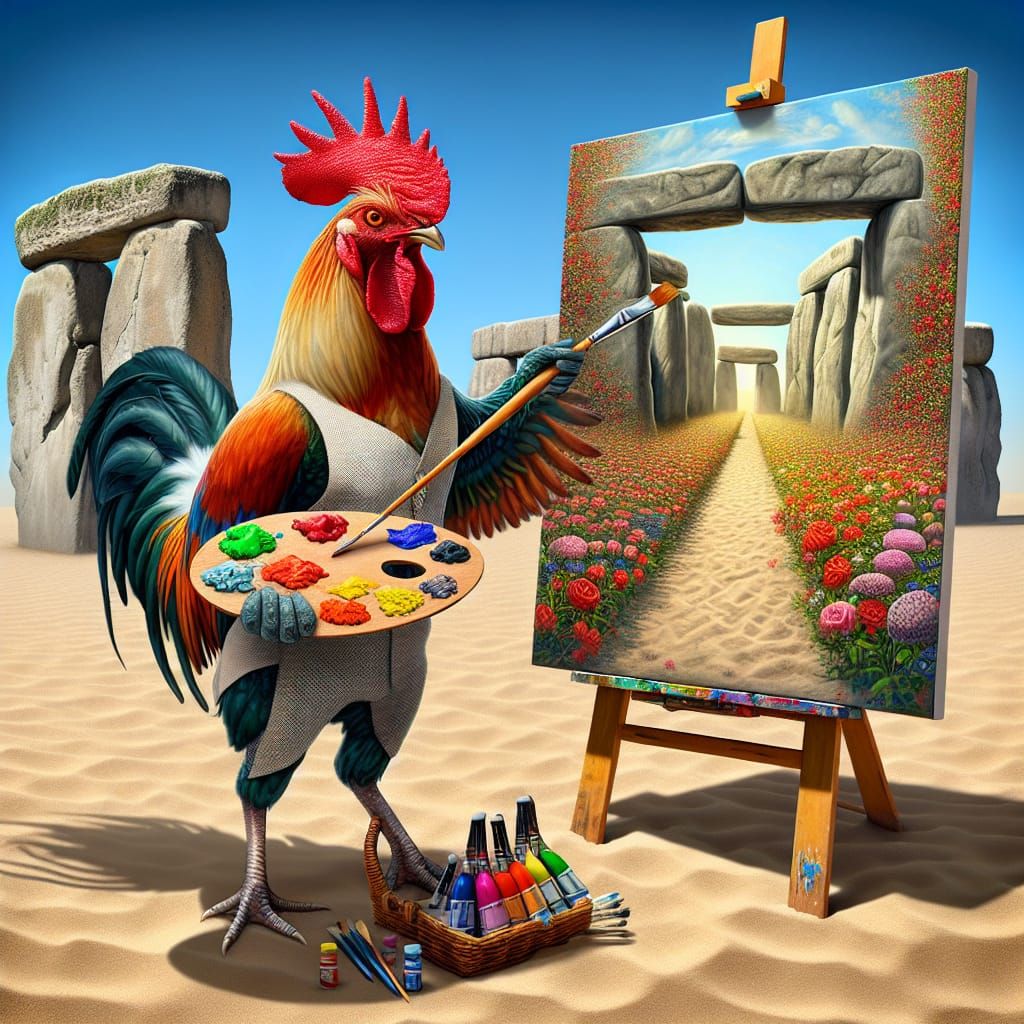 Rooster Painter Creates Floral Mirage in Desert