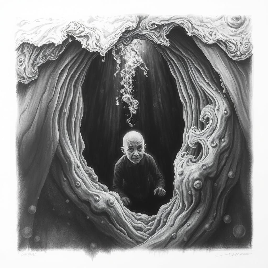 Detailed Charcoal Drawing of Underwater Marine Life