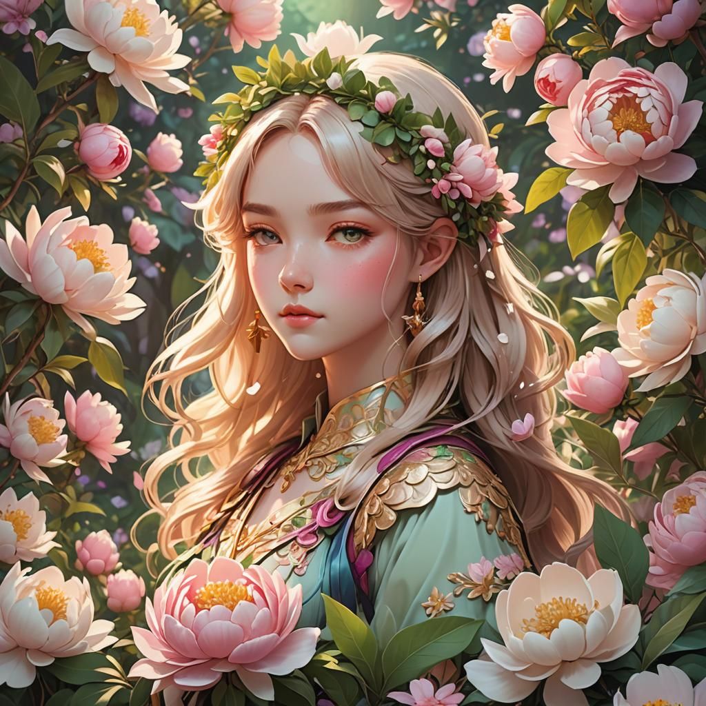 Beautiful Maiden Surrounded by Lush Flowers in Anime Style