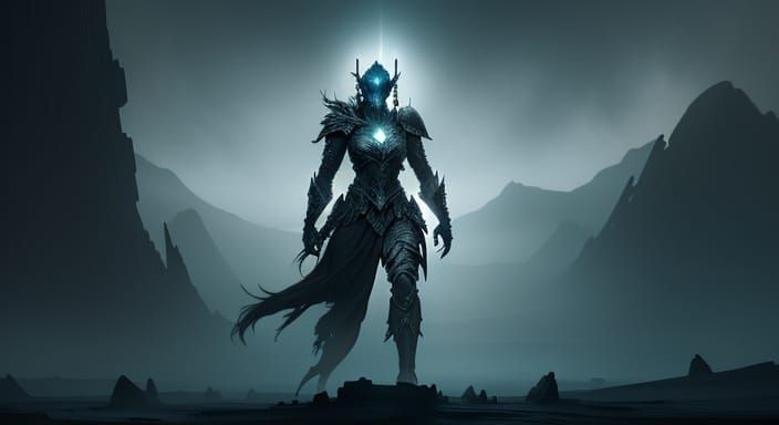 Female Warrior on Alien Planet Gazing at Shattered Moon