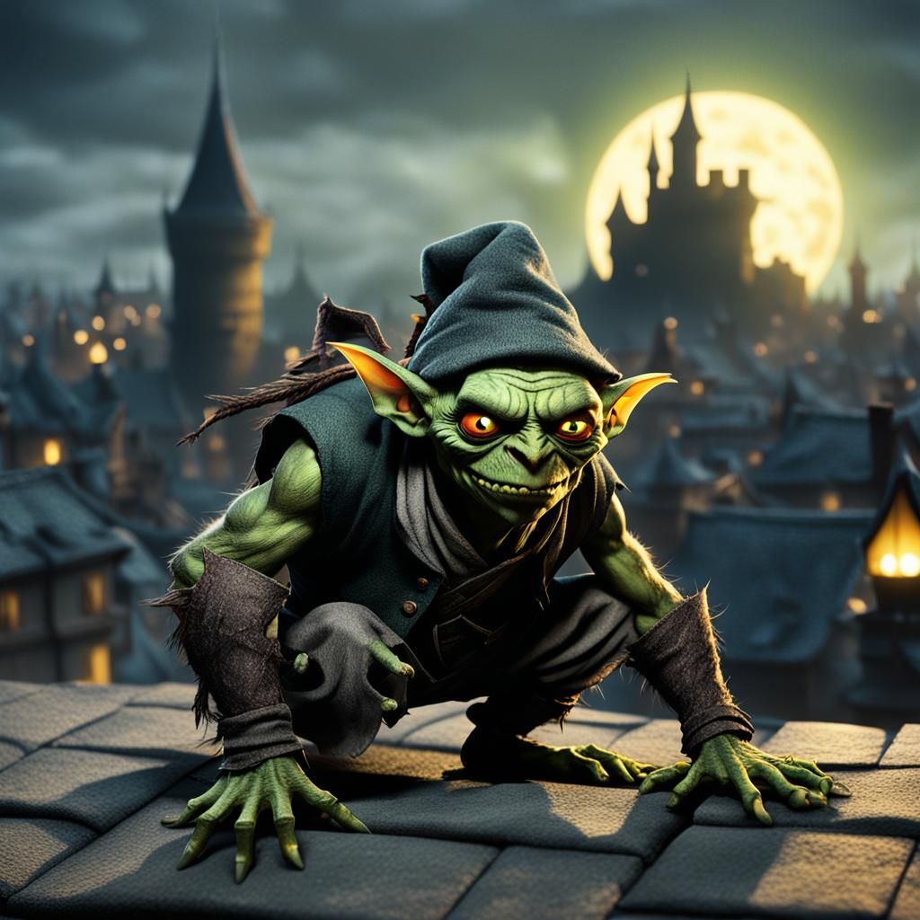 Goblin on Rooftop in Medieval City