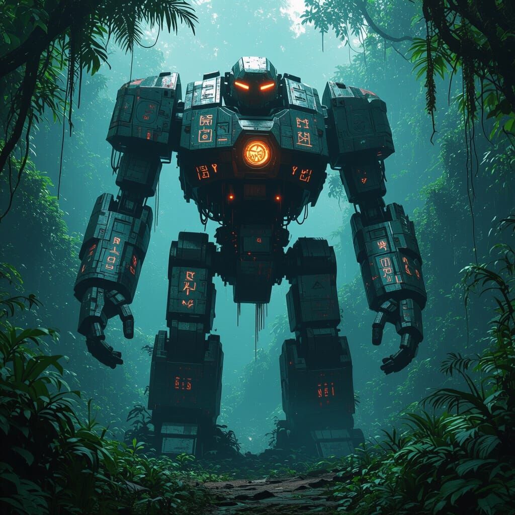 Ancient Robot in Bioluminescent Jungle