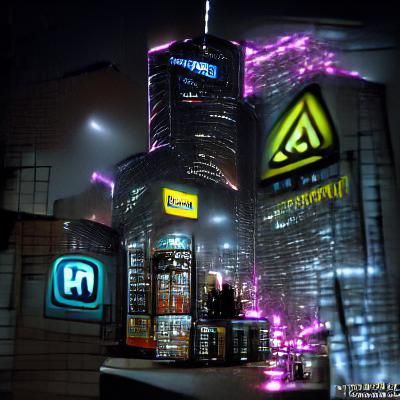 Cyberpunk Cityscape with Holographic Logos