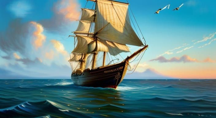 Impressionist Wood Ship at Sunset on the Water