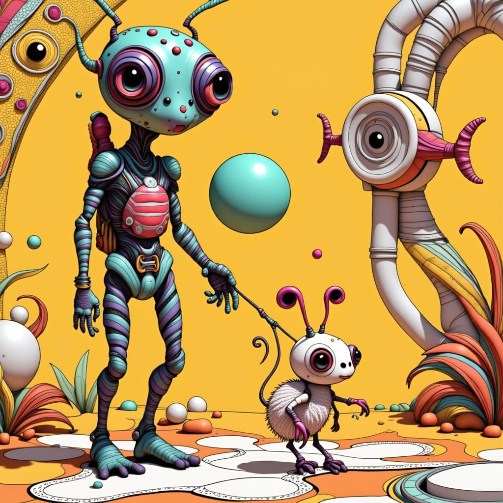 Surreal Alien Duo Strolls on a Biomechanical Planet