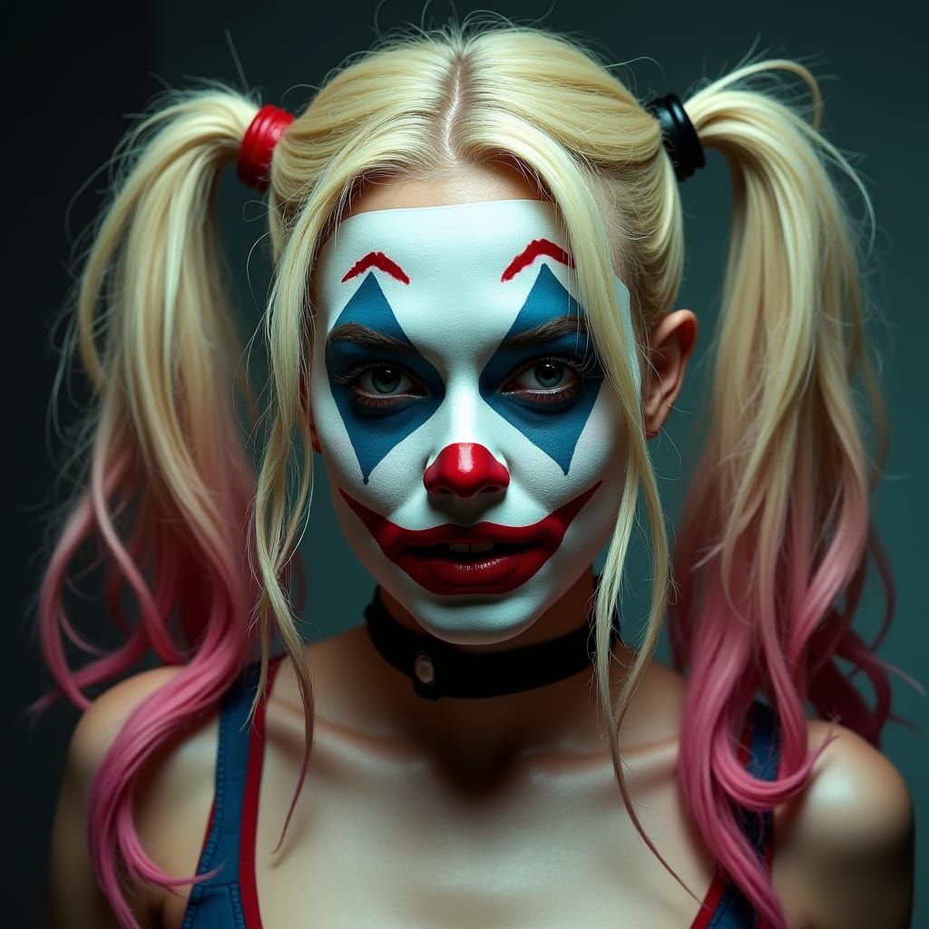 Harley Quinn in Jester Mask, Oil Painting Style