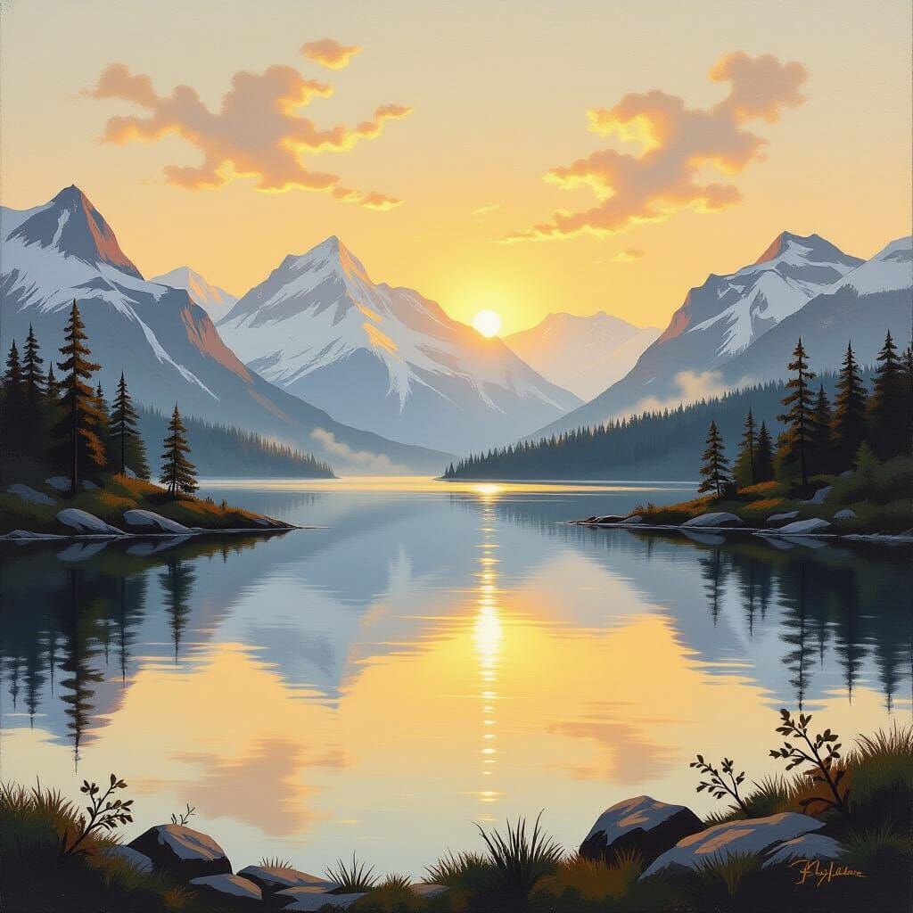 Vintage Oil Painting of Serene Mountain Lake at Sunrise