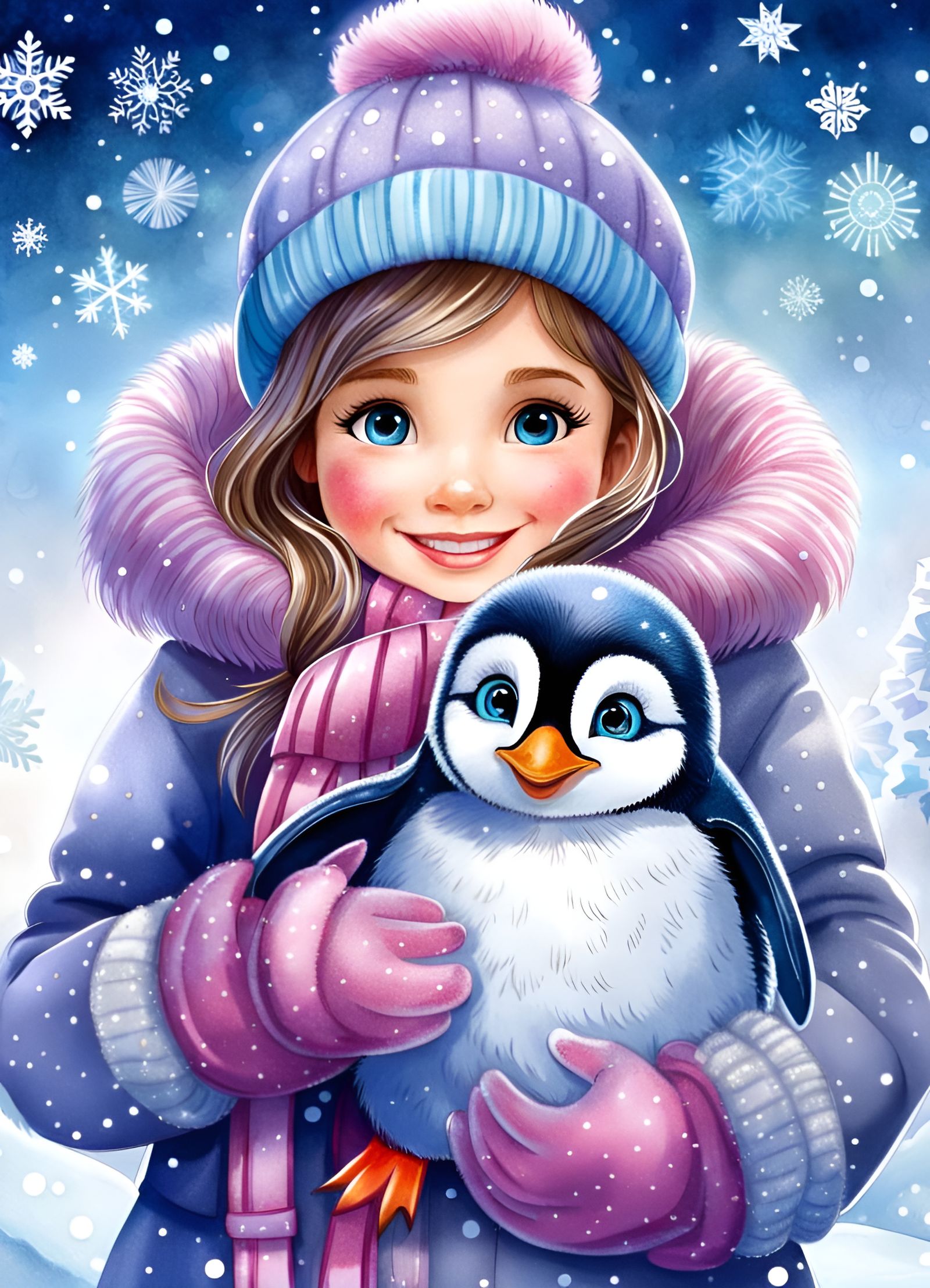 Girl Hugging Penguin in Winter Watercolor