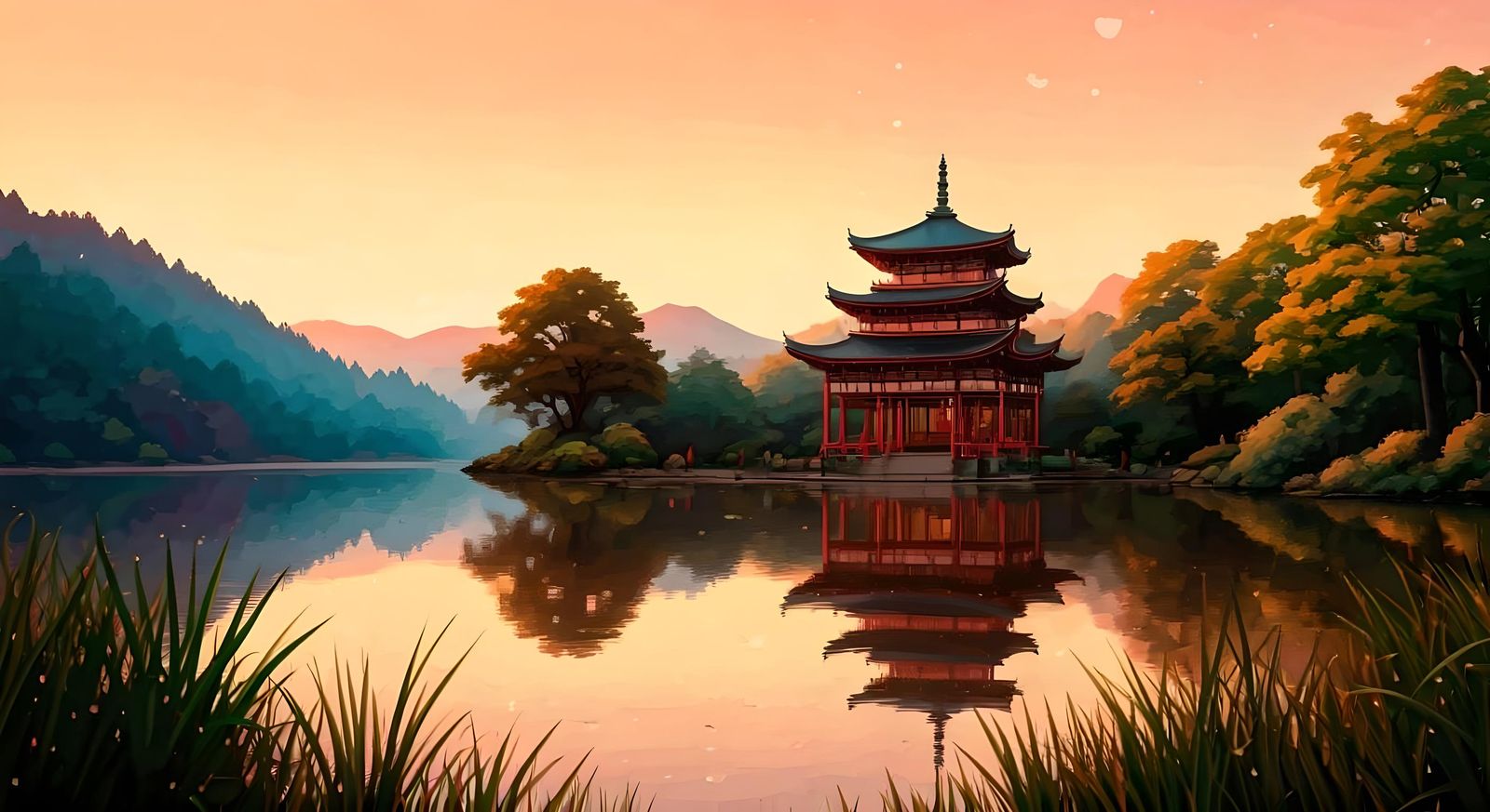 Shinto Temple on Lake Shore in Watercolour