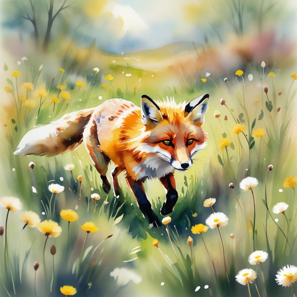 Red Fox Runs Through Dandelions: Watercolor Painting