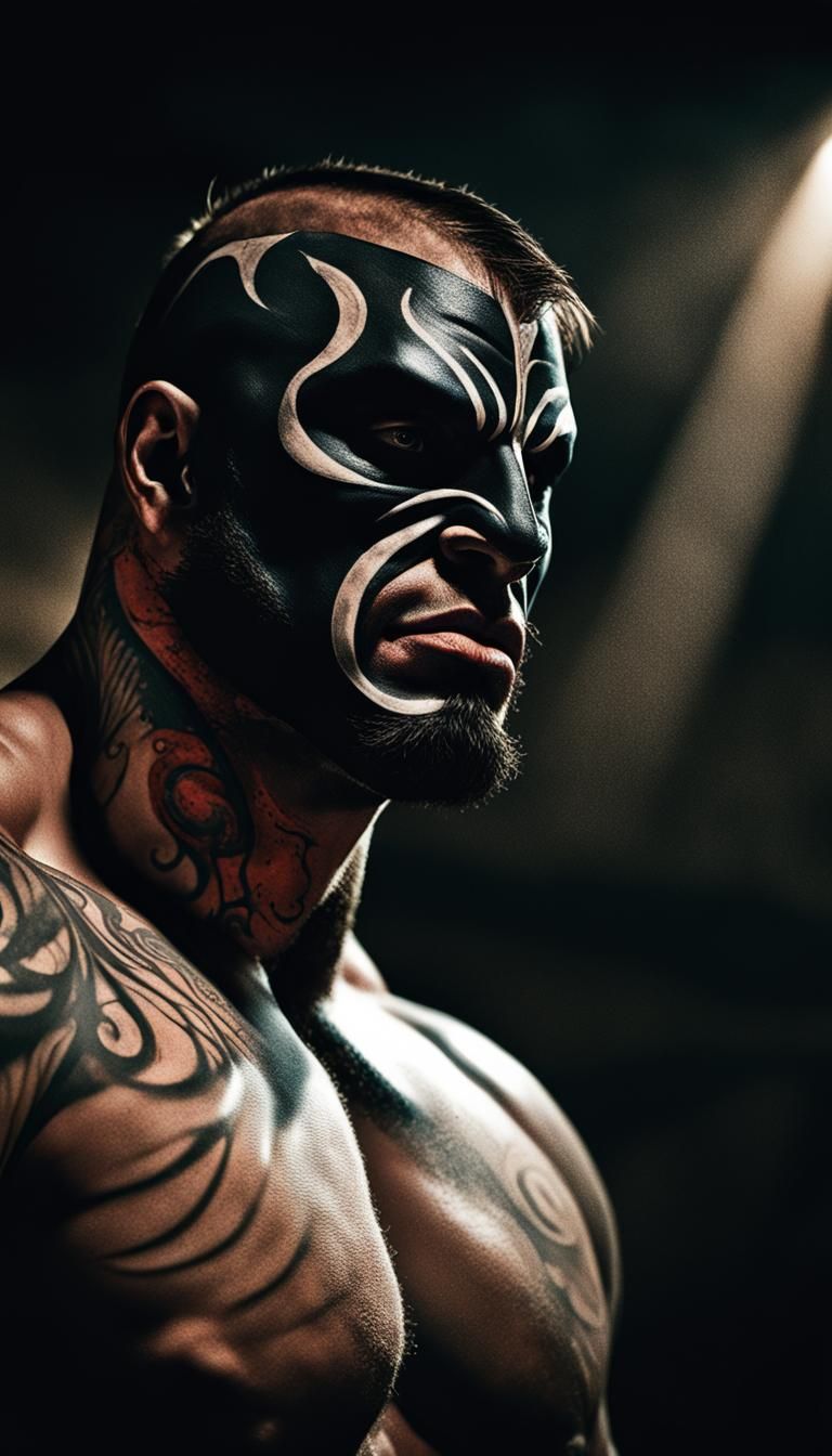 Professional wrestling Satan masked,flexing vulgar,humongous...