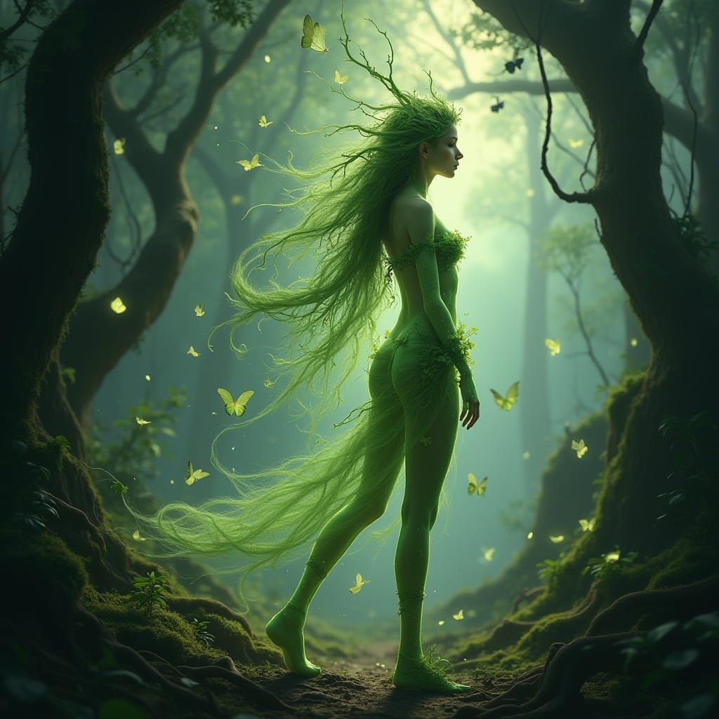 Ethereal Green Goddess in Ancient Forest