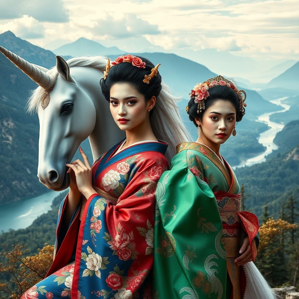 Geishas and Winged Unicorns in Fantasy Landscape