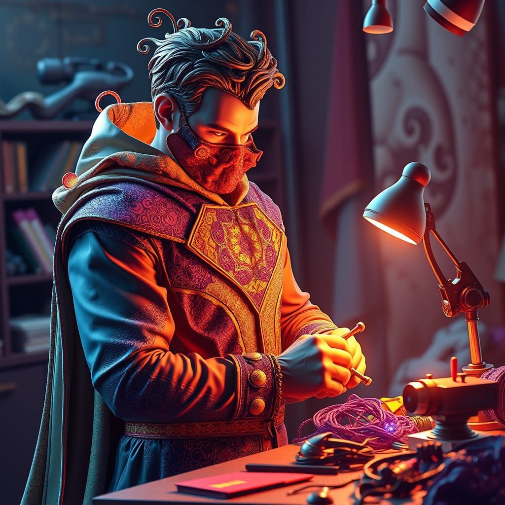 Imaginative Tailor Crafts Superhero Costume in Abstract Frac...