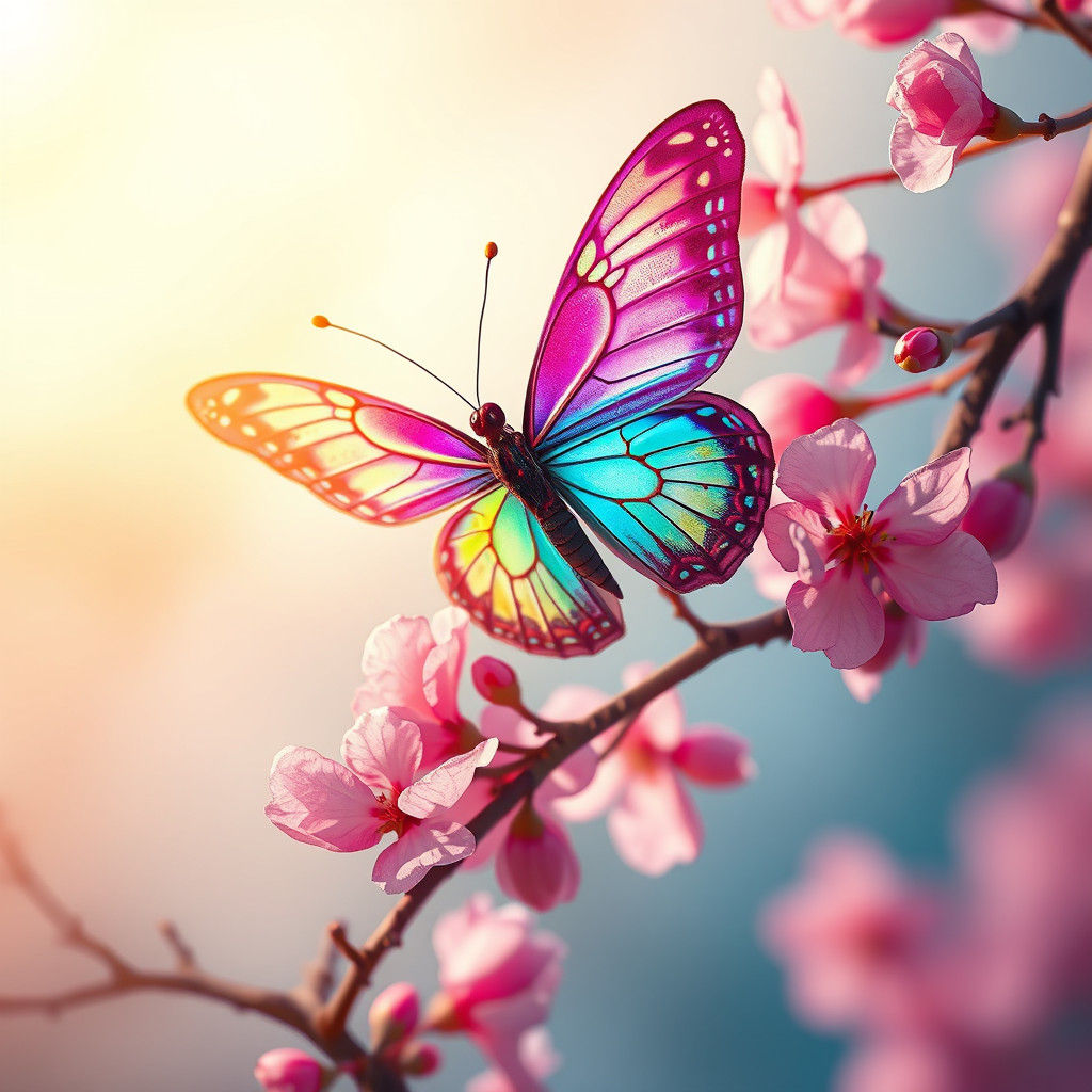 Butterfly on Cherry Branch in Biomechanical Matte Painting S...