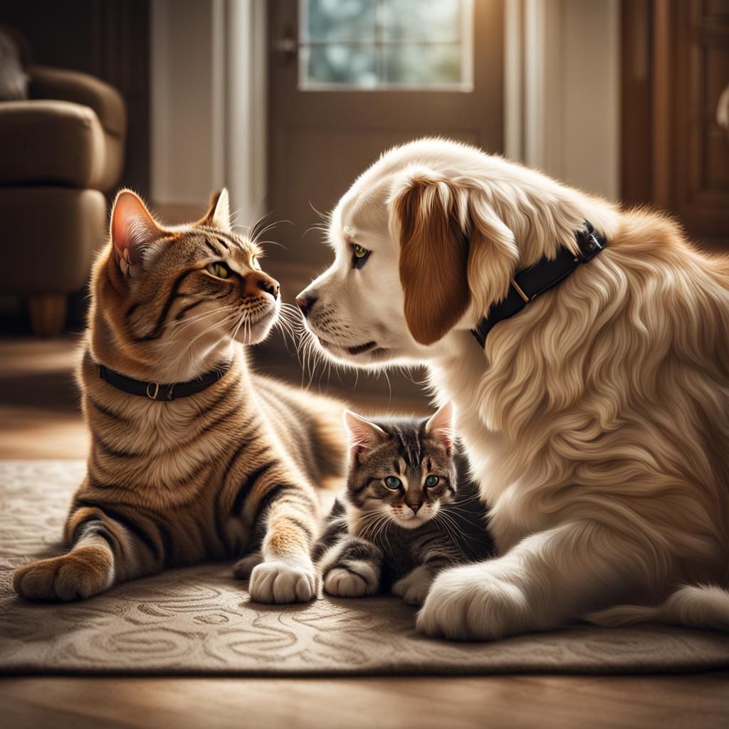 Hyperrealistic Cat and Dog Play Together