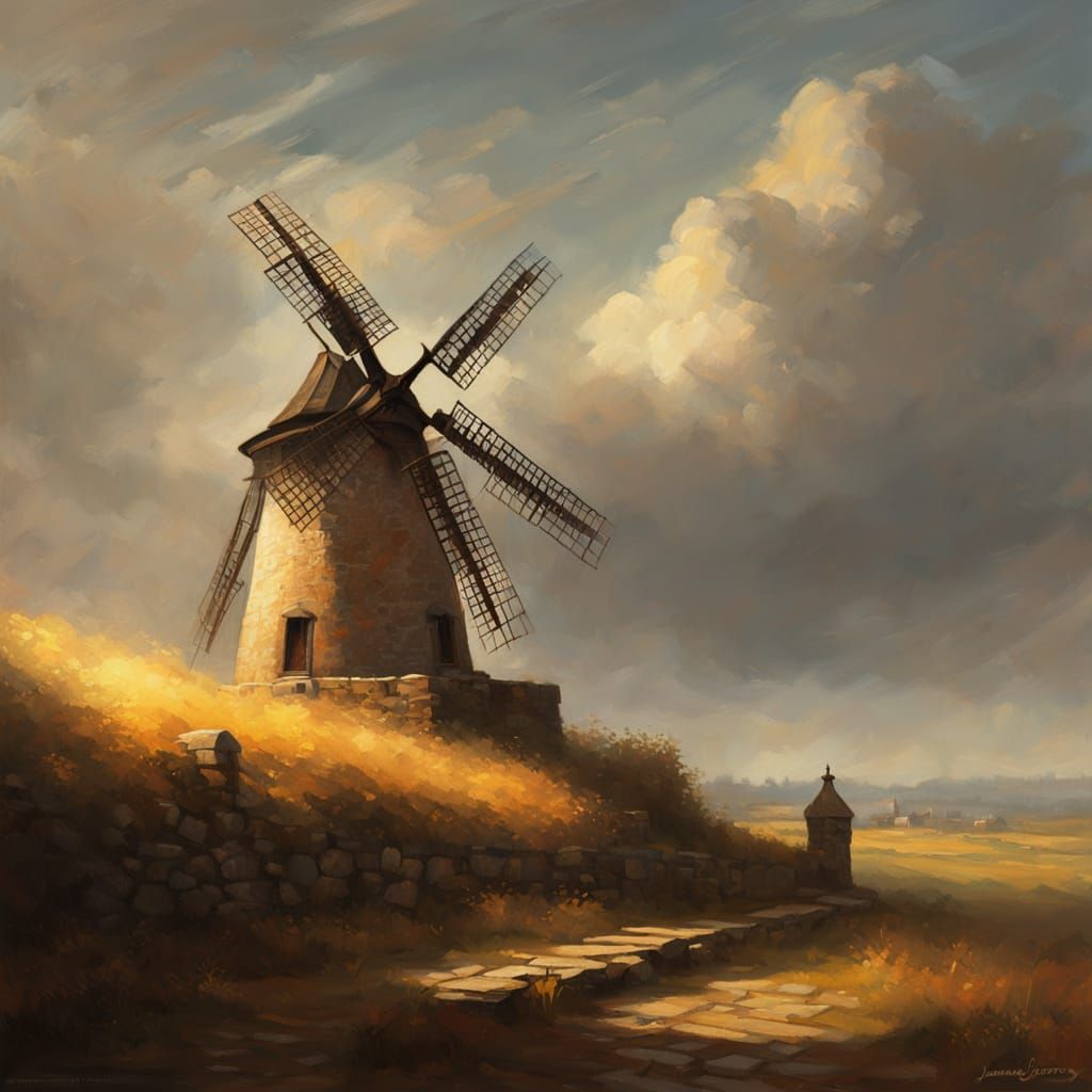 Baroque Windmill in Golden Light, Impressionist Oil Painting