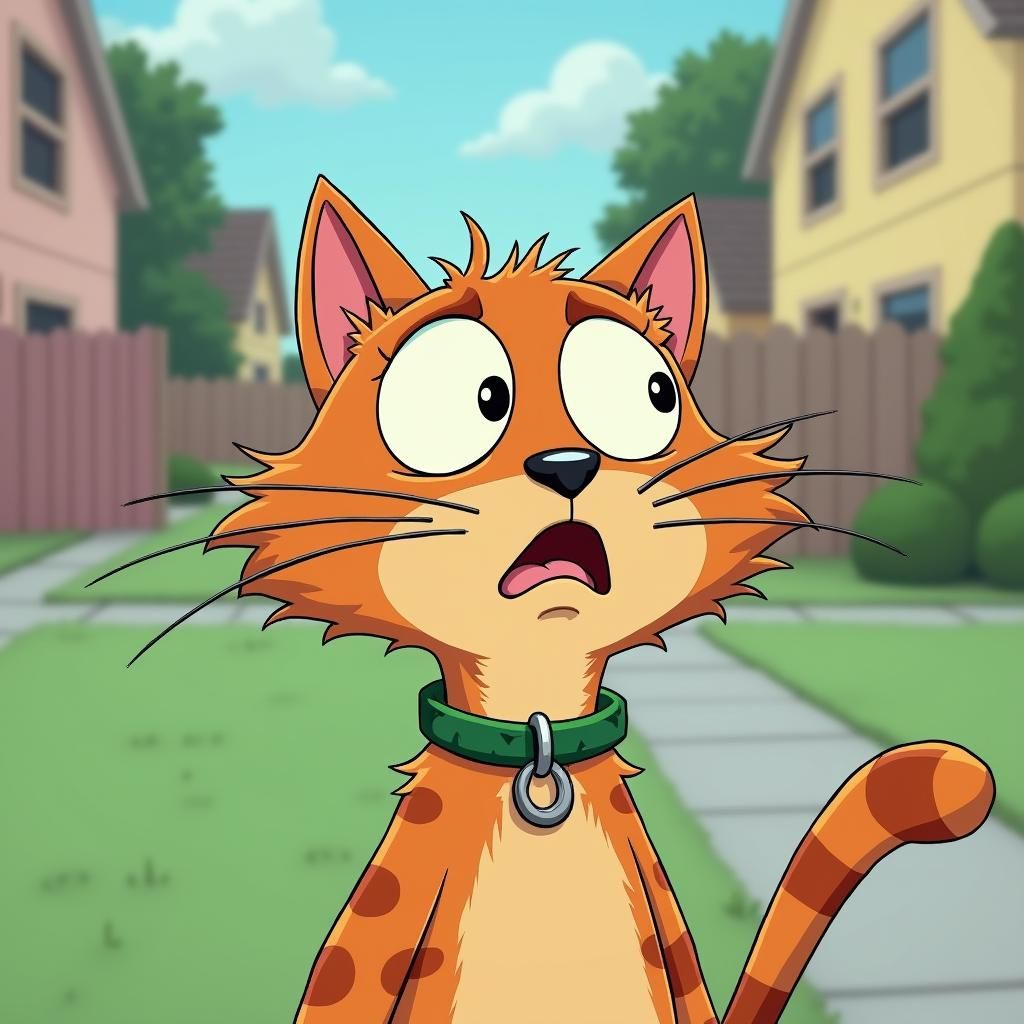 Startled Cartoon Cat in Animated Suburban Scene