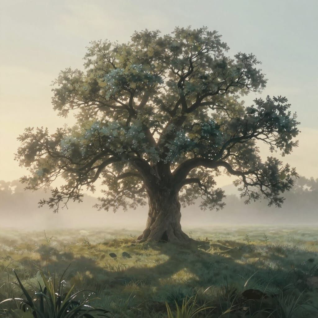 Solitary Ancient Oak in Misty Field at Dawn