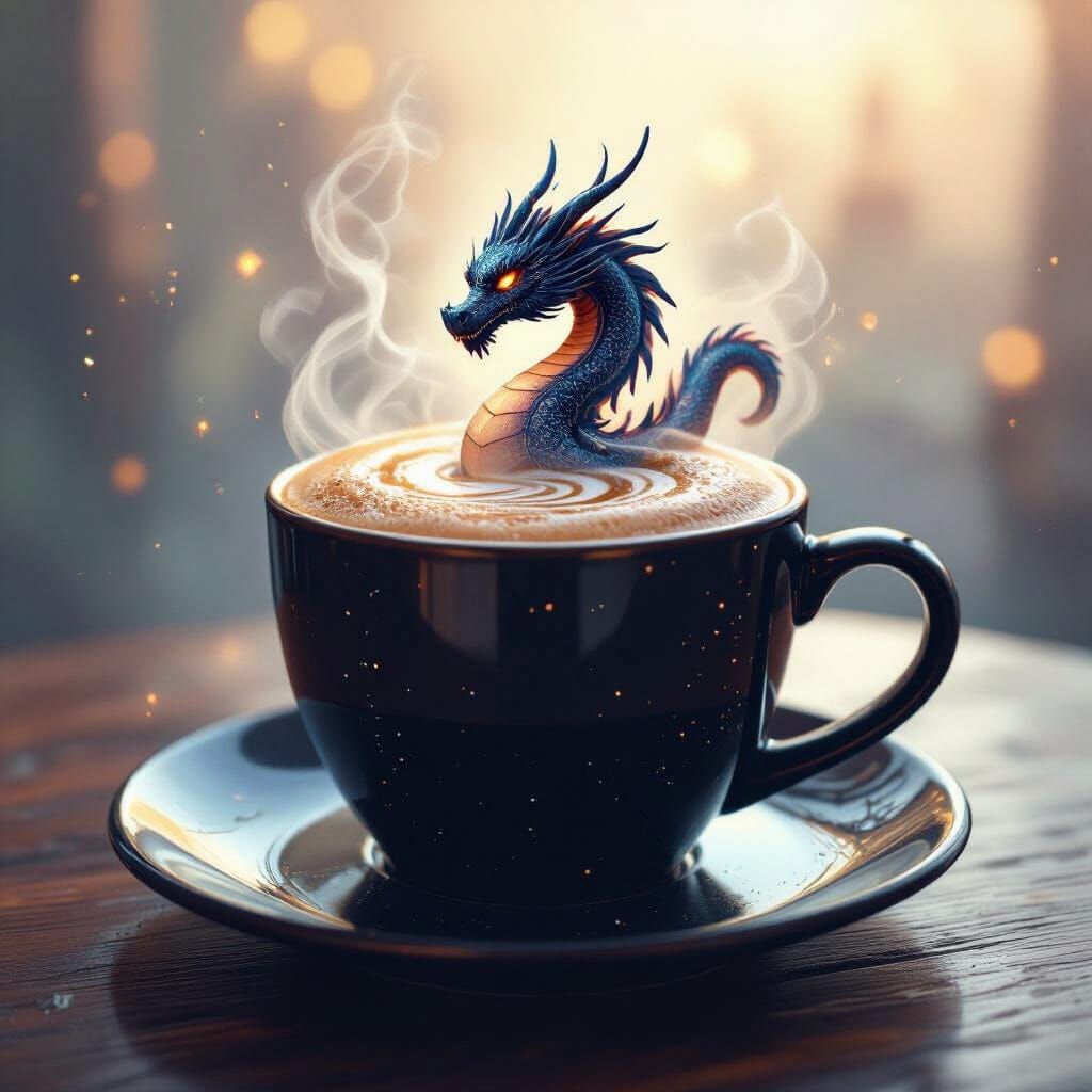 Steaming Coffee Mug with Celestial Dragon Foam Art