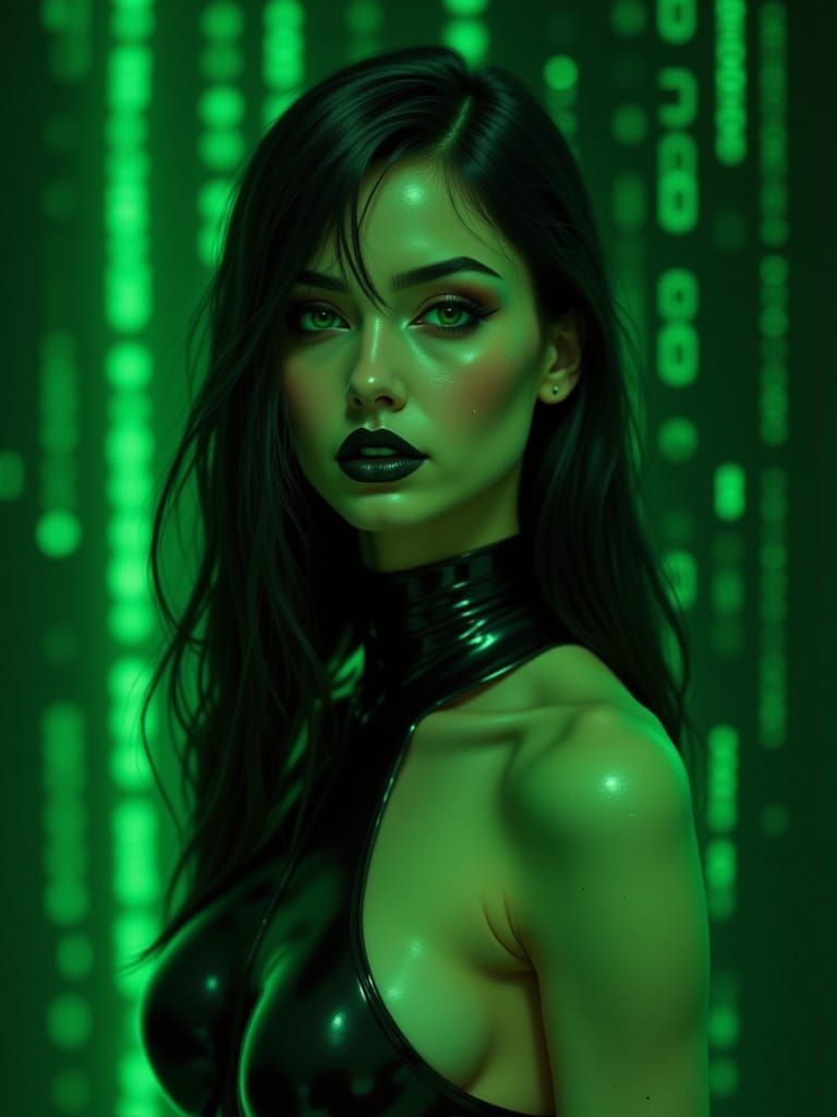 Glamorous Pin-Up Woman in Digital Matrix Style
