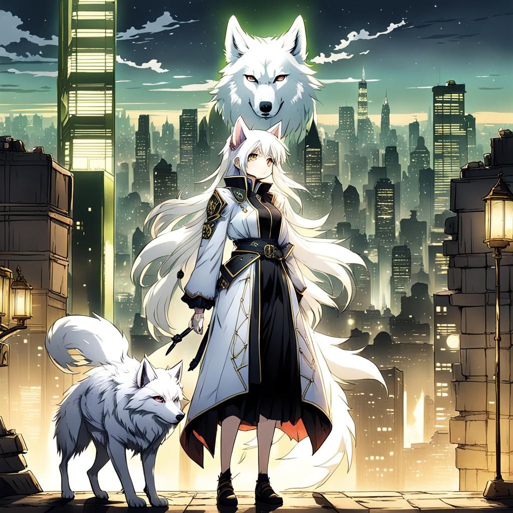 Anime-Style Woman with Wolf Features Gazing at City