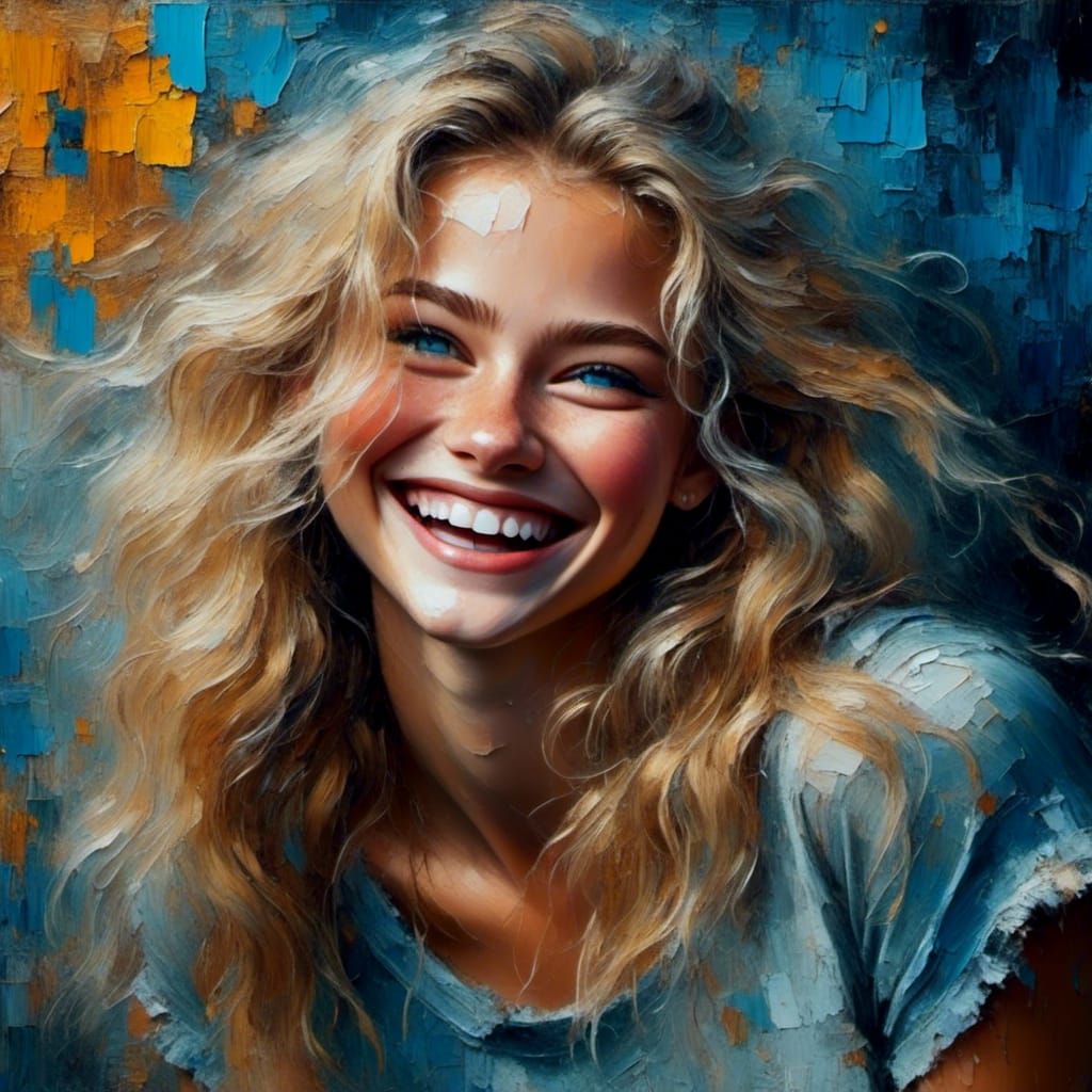 Blonde Girl with Blue Eyes Laughing in Textured Portrait