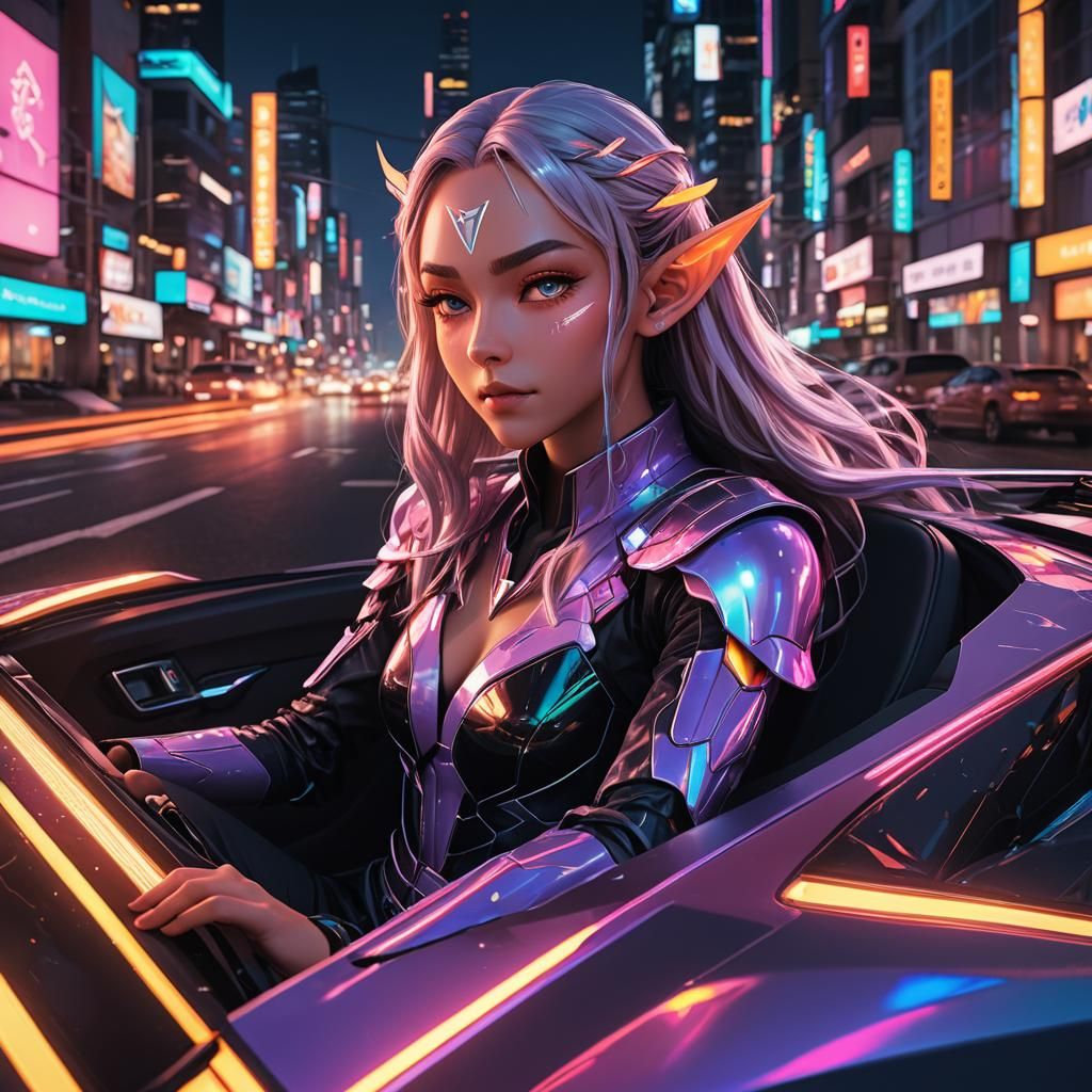 Elegant Elf Drives Car in Neon Cityscape