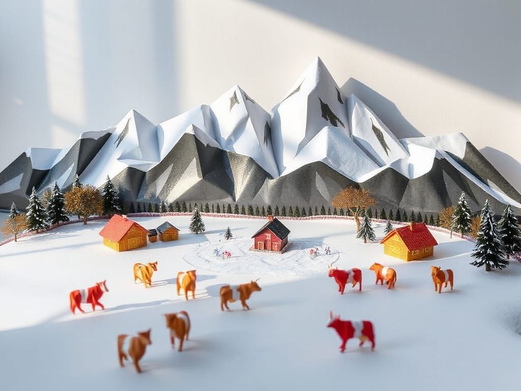 Origami Winter Alpine Scene with Cows and Farm