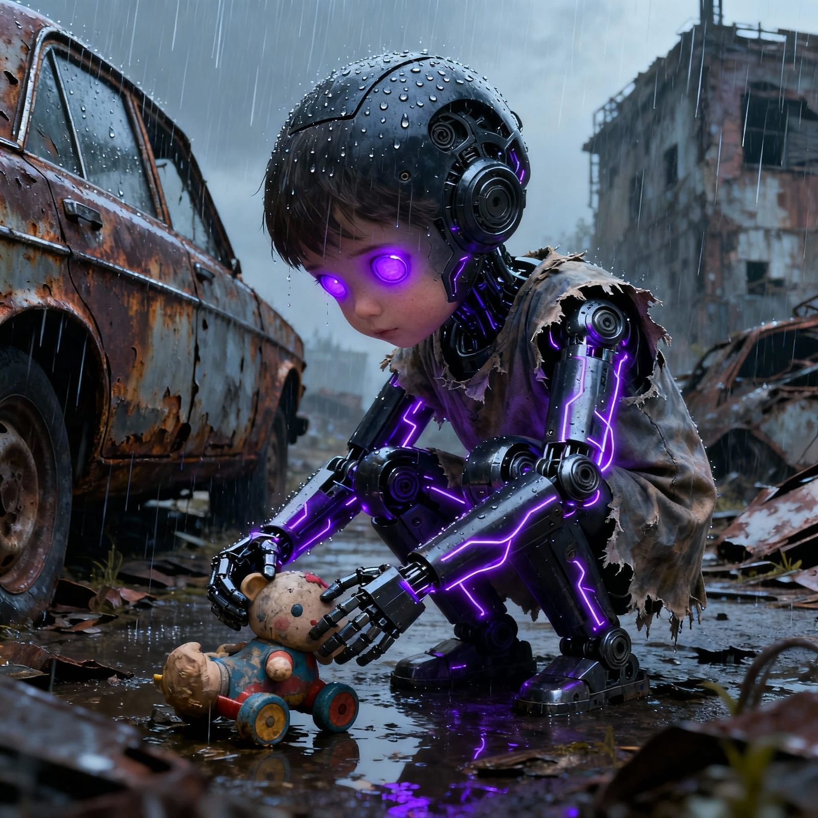 Bio-Mechanical Robot Cradles Toy Amidst Dystopian Ruins