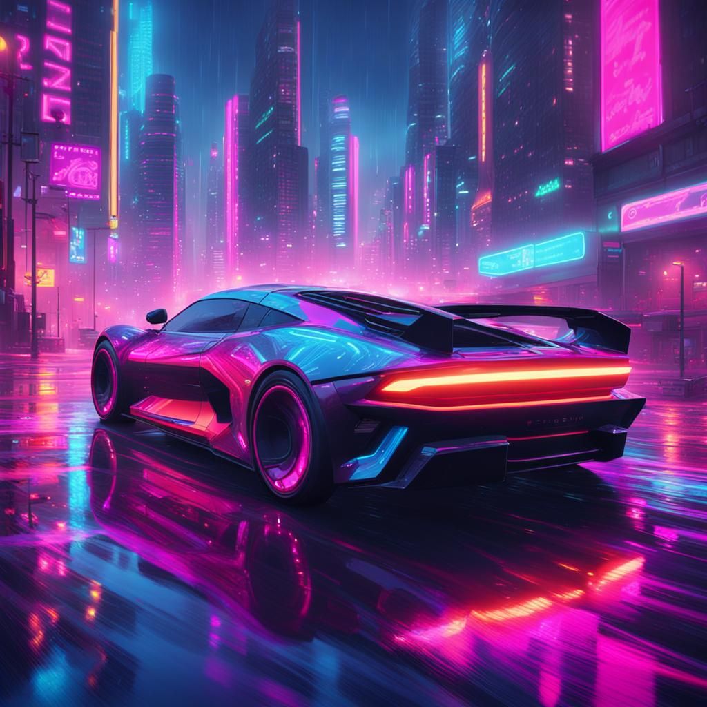 Synthwave Drive: Futuristic Car in Rainy Cityscape