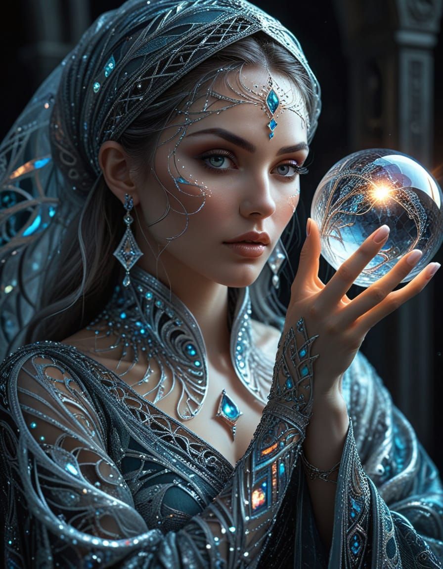 Mystical Sorceress with Crystal Ball in Digital Art