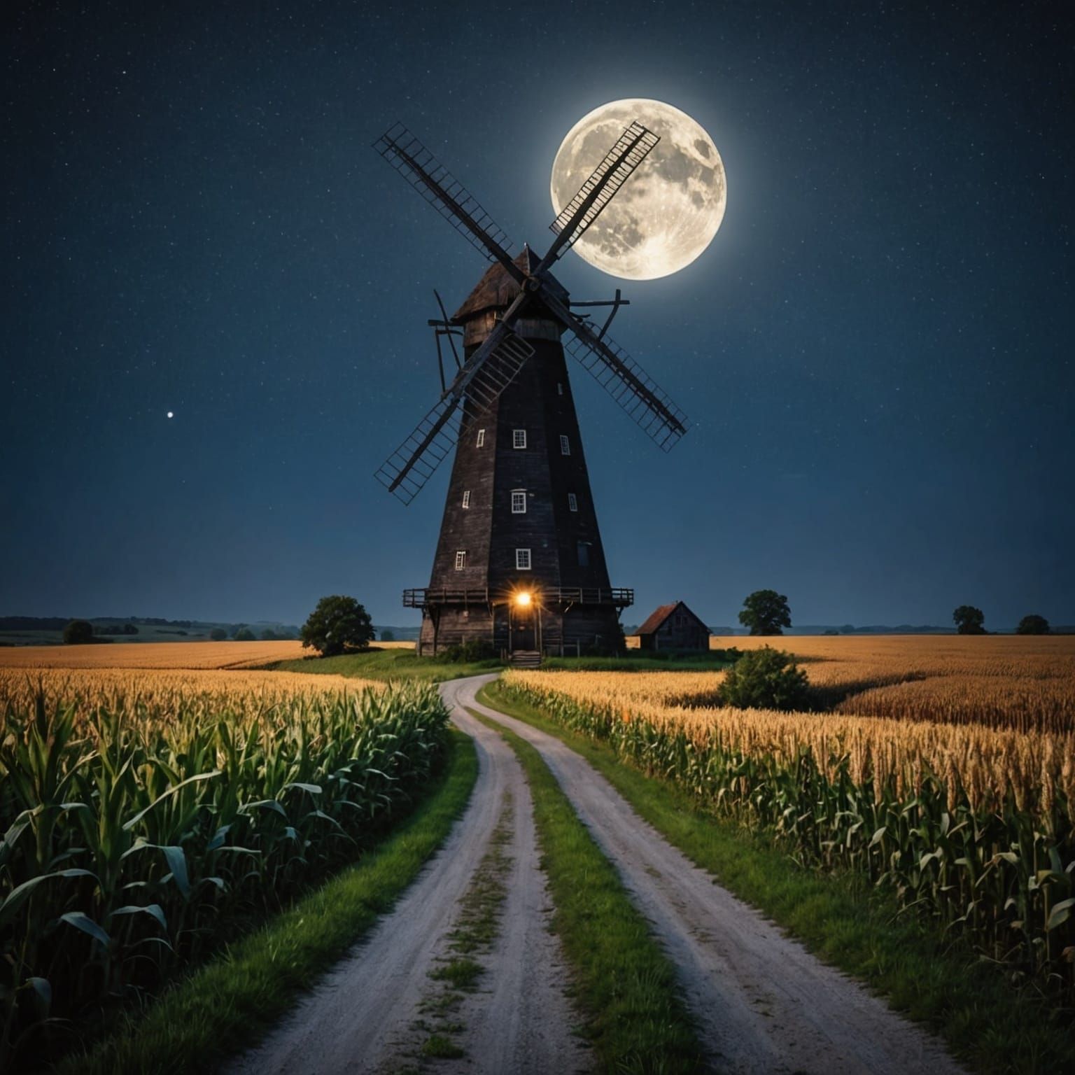 Old Windmill Under Moonlight