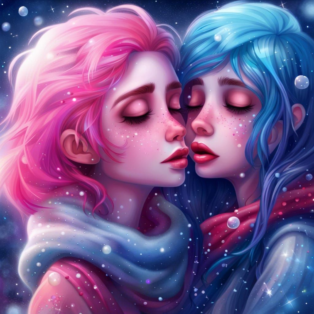 Girls Kissing in Galaxy with Ice Crystals