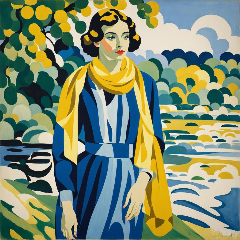Woman at Riverbank: Silkscreen Illustration