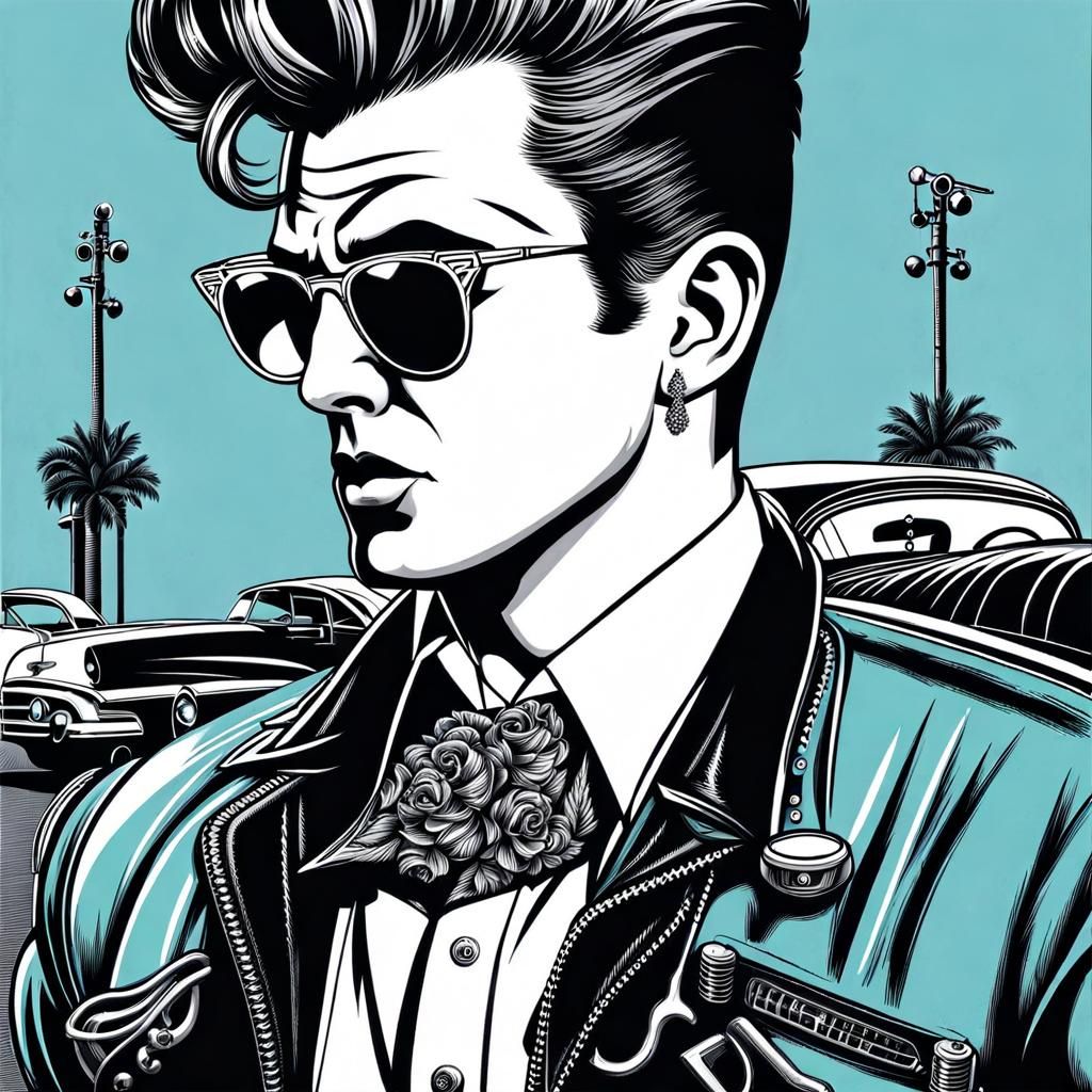 Rockabilly Teddy Boy with Hot Rod Car Art