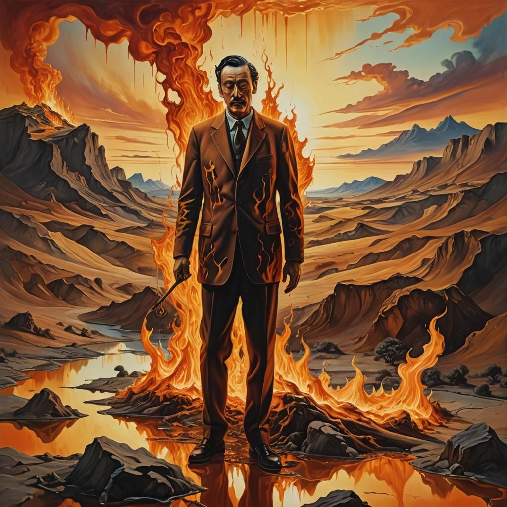 Dreamlike Figure Engulfed in Flames: A Surrealist Painting