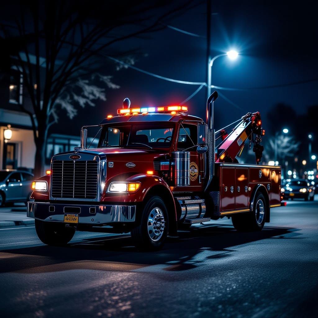 Photorealistic Tow Truck on Dimly Lit Street